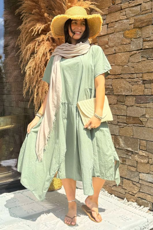Made in Italy Tiggy Pure Cotton Smock Dress Soft Khaki -